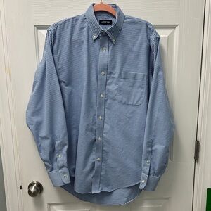 Lands' End Men's Light Blue and White Gingham Button-Down Shirt